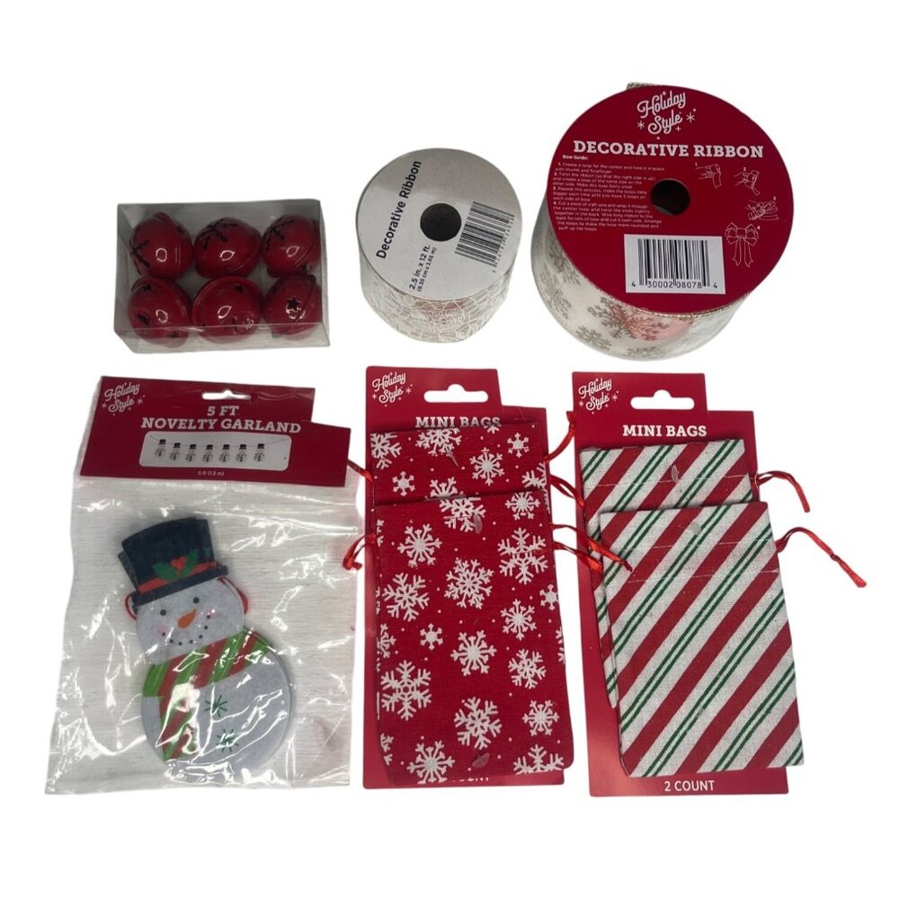 Holiday Style Christmas Decor Set Snowman Garland Mini Bags Jingle Bells Ribbon